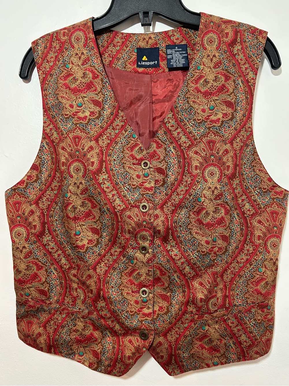 Lizsport Red Paisley Button Front Vest Size 6